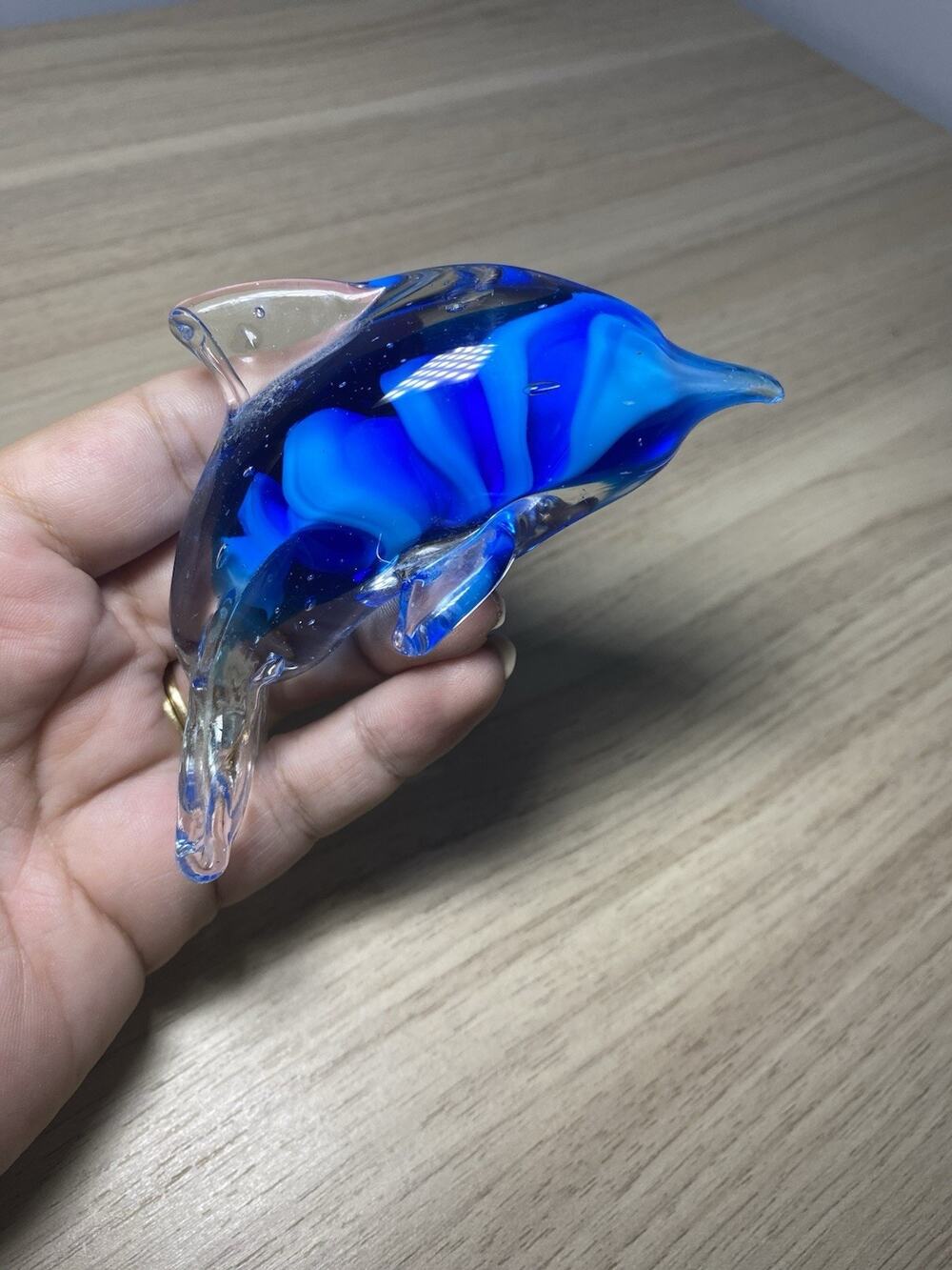 Murano Style Art Glass Dolphin Figure Figurine Paperweight Blue/White 4"